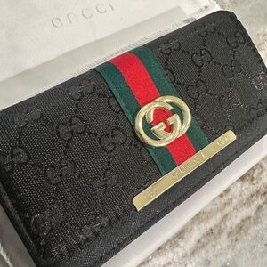 Black GG Canvas Card & Key Holder with Green-Red Web and Gold Hardware